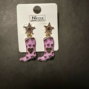 Nicole Pink Heart Cowboy Boot Dangle Earrings with Gold Star Studs